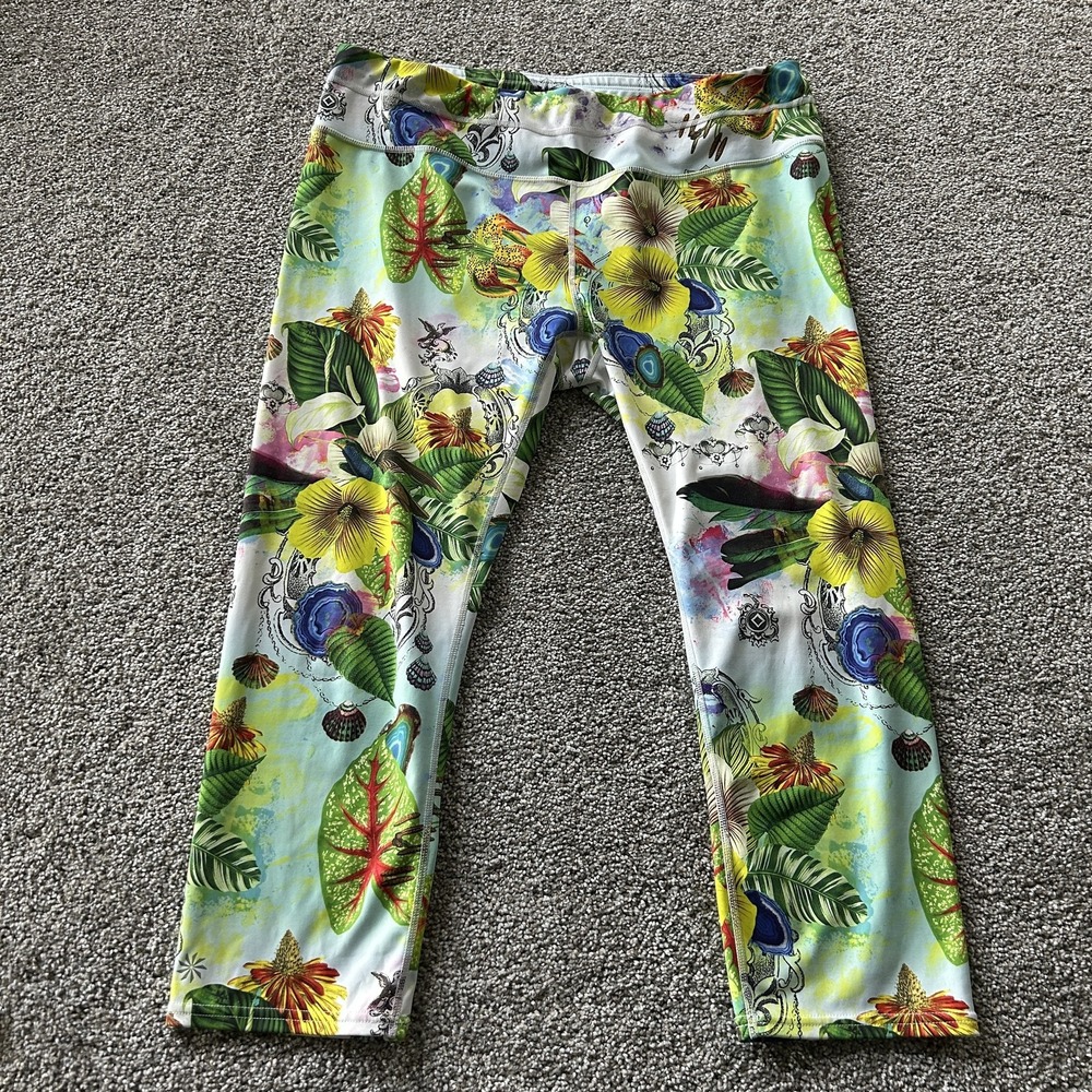 Athleta Capri Leggings Womens XL Multicolor Floral Knit Elastic Waist Yoga
